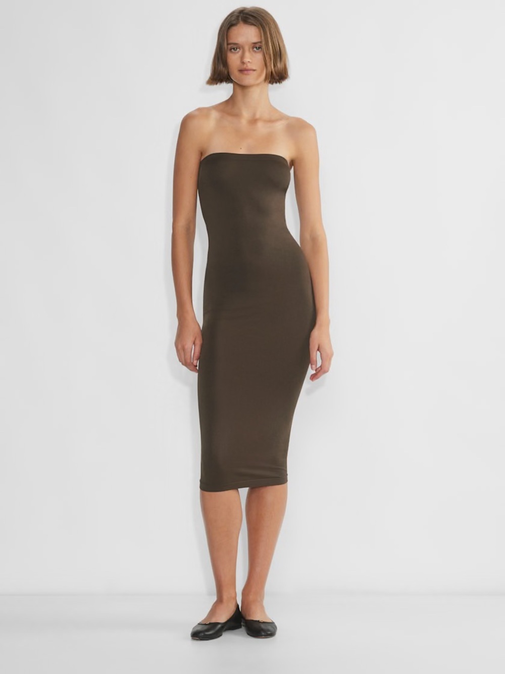 Strapless Bodycon Midi Dress in Mocha